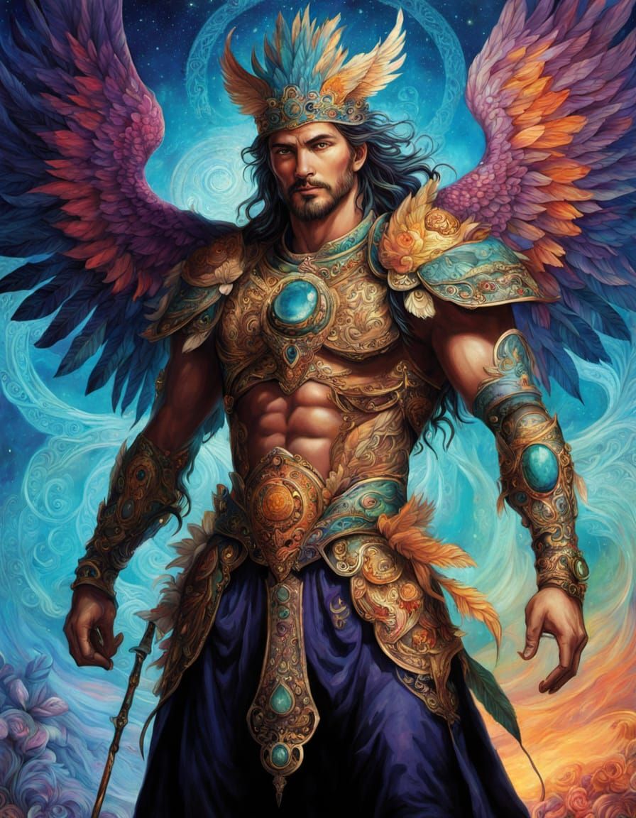 Golden Pointillism Fantasy Bird Hybrid in Elegant Warrior At...