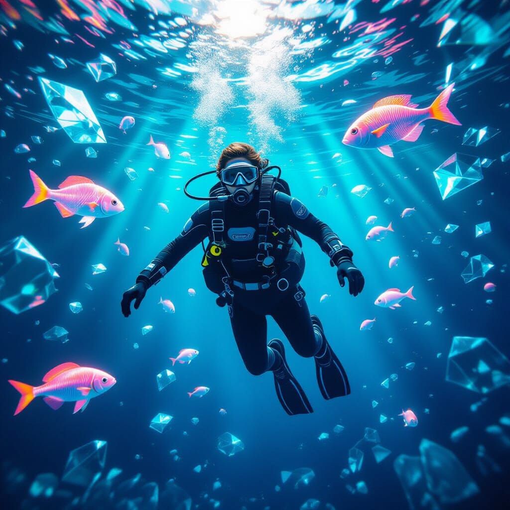 Diver in Glass Ocean with Neon Fish