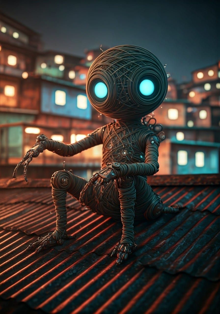 String Creature on Favela Rooftop: Cyberpunk Steampunk Art