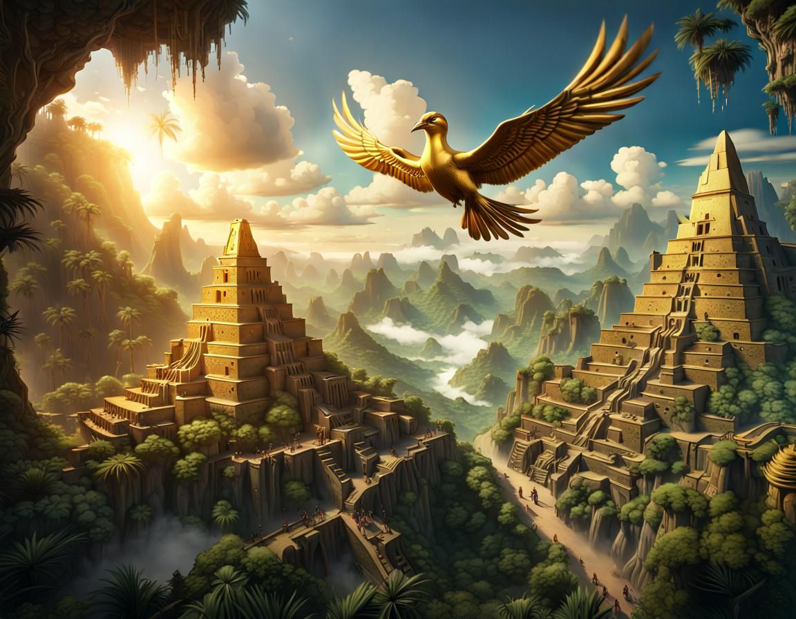 Lost Incan City in Jungle with Golden Bird