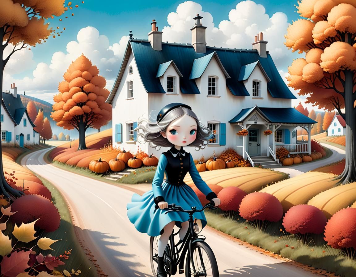 Girl Cycling Through Autumn Landscape in Whimsical Style