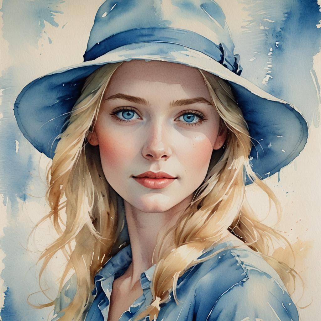 Blonde Girl with Blue Eyes in Watercolor Style