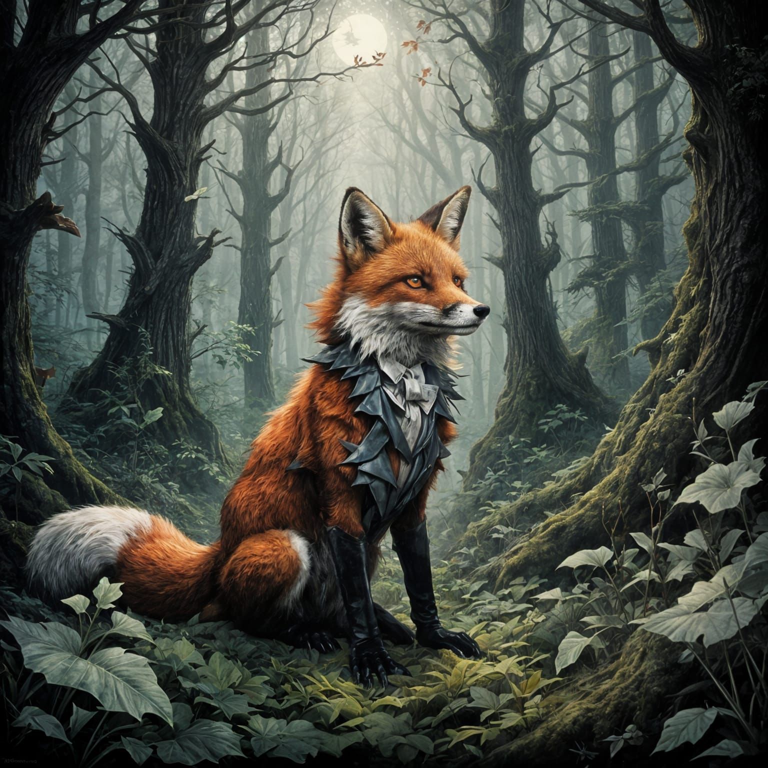 Elegant Fox Pedals Through Sunlit Forest in Tuxedo Finery