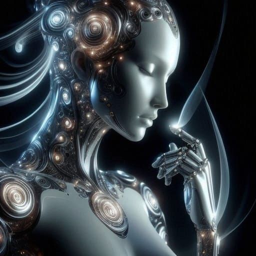 A Cyberpunk Goddess of Shimmering Titanium and Glowing Energ...