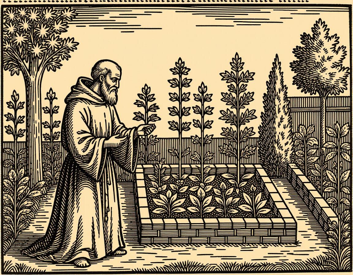Medieval Monk and Garden in Woodcut Style