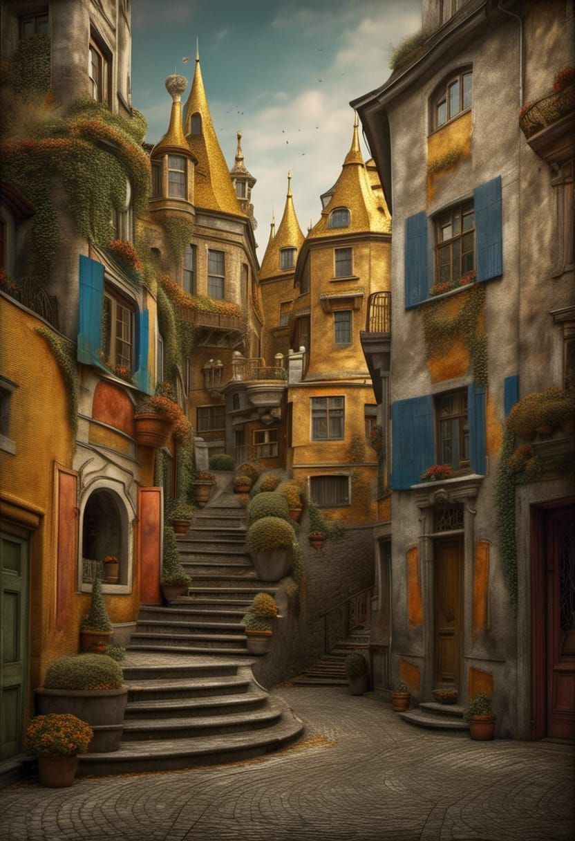 Golden Abstract Cycles Matte Painting in Magical Realism