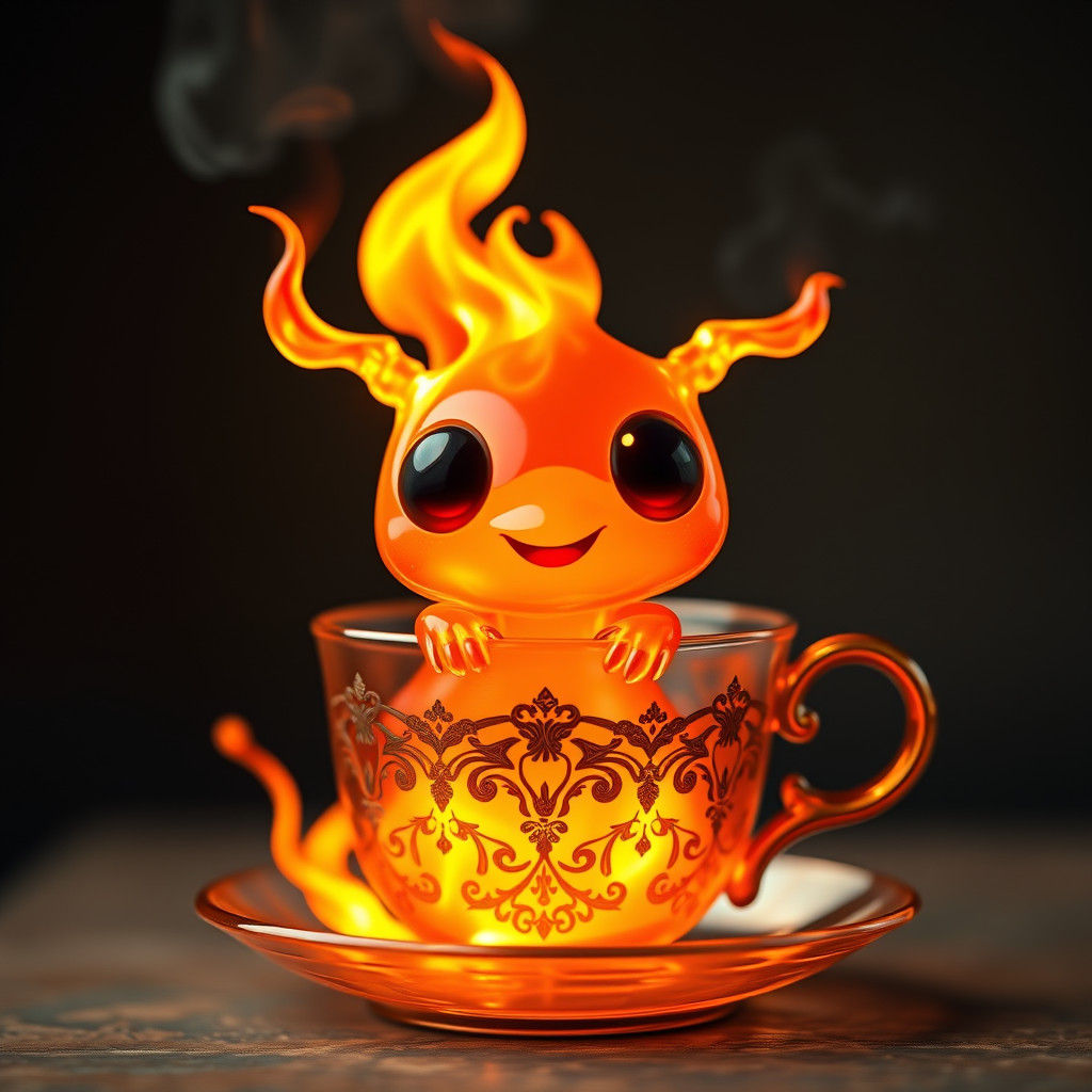 A Clear Transparent Fire Creature Sits in an Ornate Teacup
