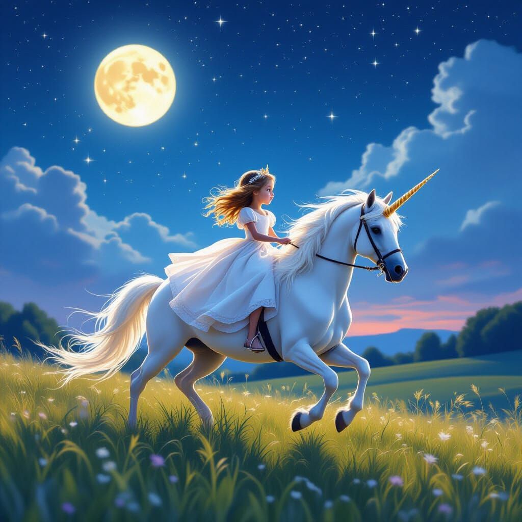 Girl on Unicorn in Starry Field, Whimsical Digital Art