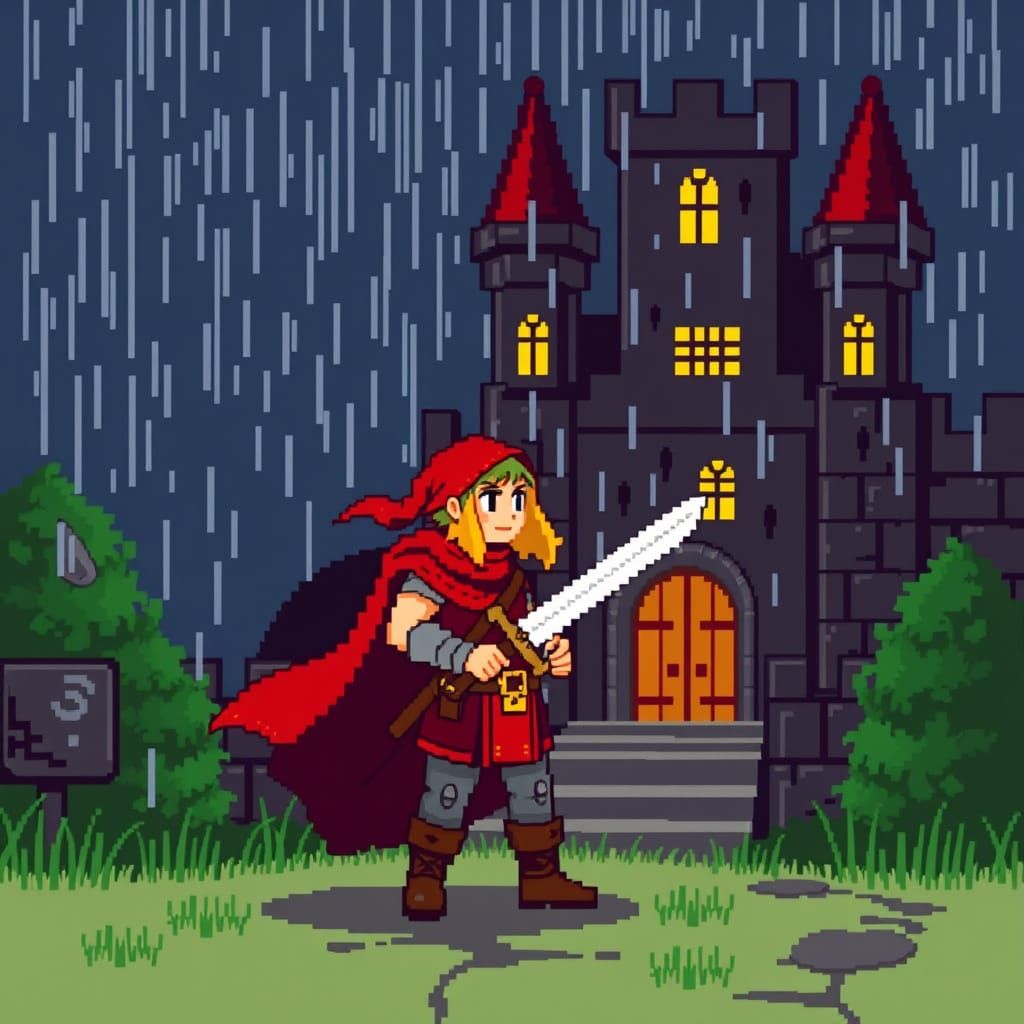 Pixel Warrior Stands Before Dark Castle