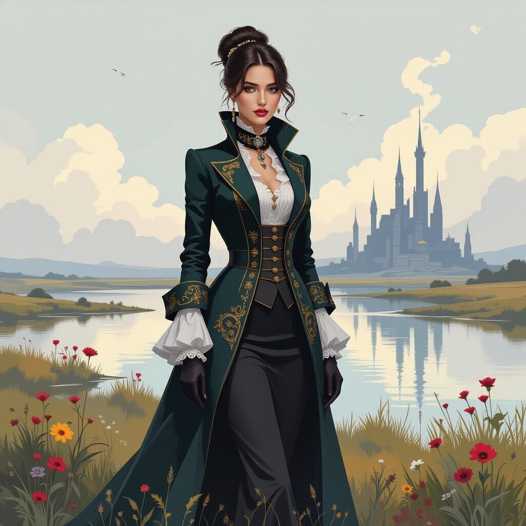 Elegant Person in Serene Landscape, Mixed Styles