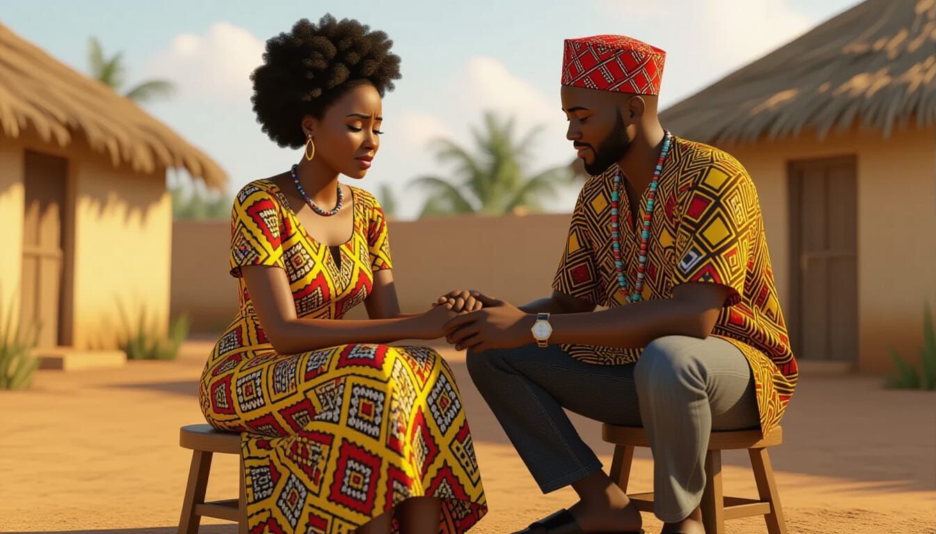 African Woman Comforted By Man in Village Courtyard