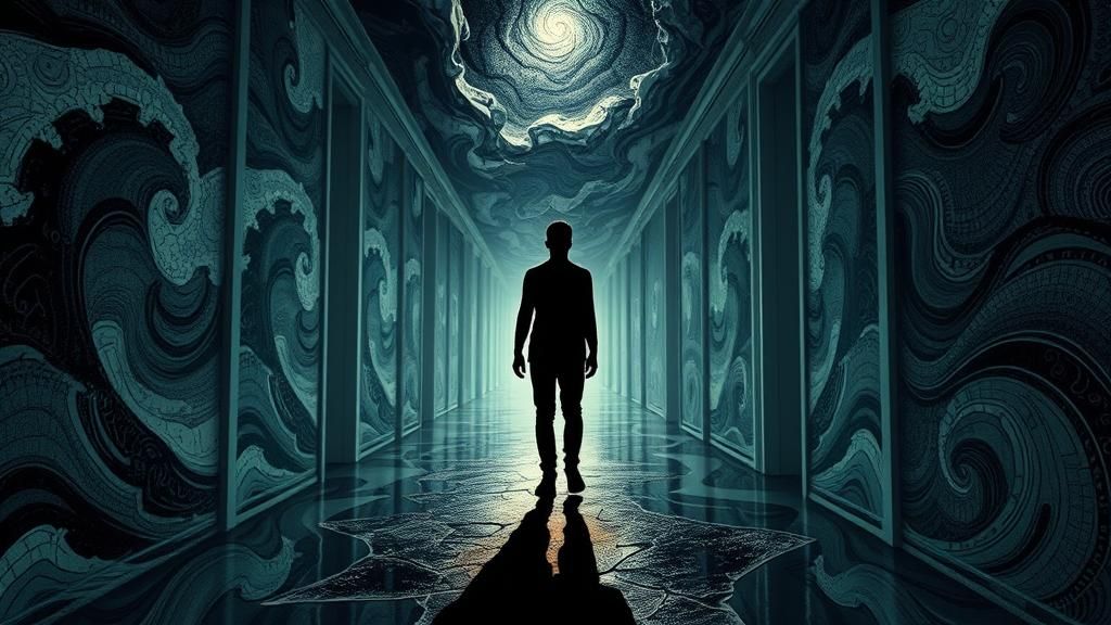 Dreamlike Sleepwalker in Surrealist Nightmare Landscape