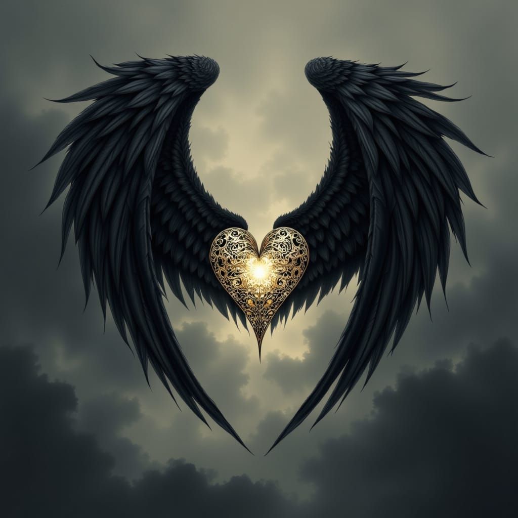 Majestic Black Wings Embrace Luminous Filigree Heart in Clou...