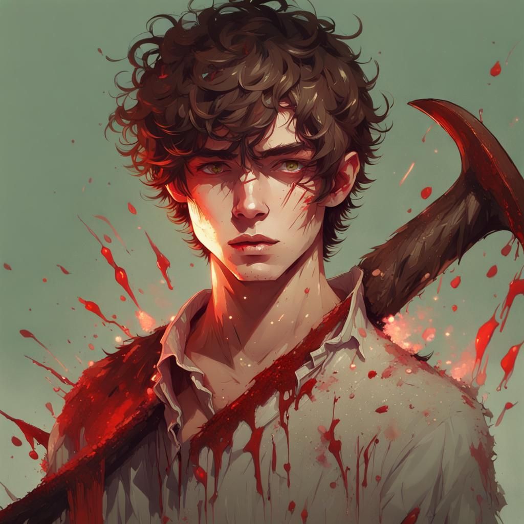 Blood-Splattered Teen with Axe: Detailed Digital Portrait