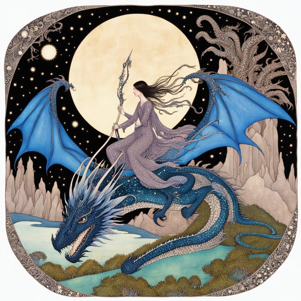 Fantasy Fairy Rides Luminous Dragon Through Starry Sky