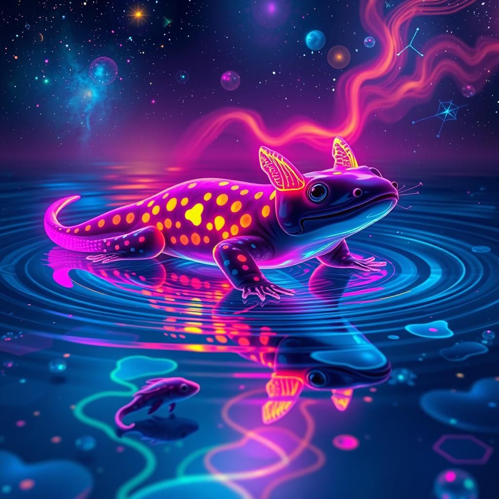 Cosmic Axolotl Reigns Over Vibrating Neon Lake