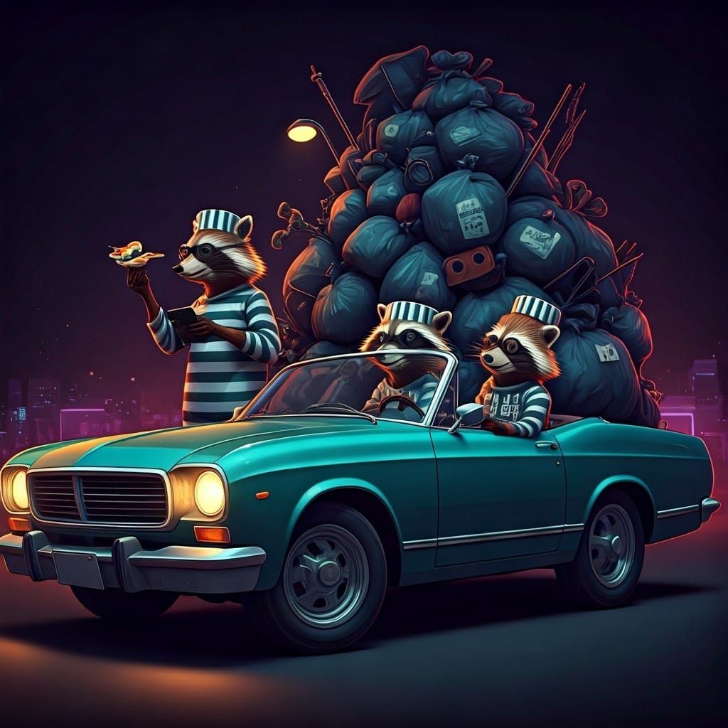 Raccoon Heist Crew in Neon Striped Style