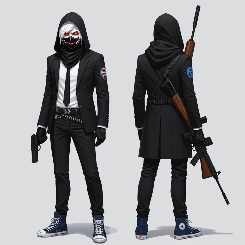 Figure in Black Suit with Smiling Mask, Ash Thorp Style