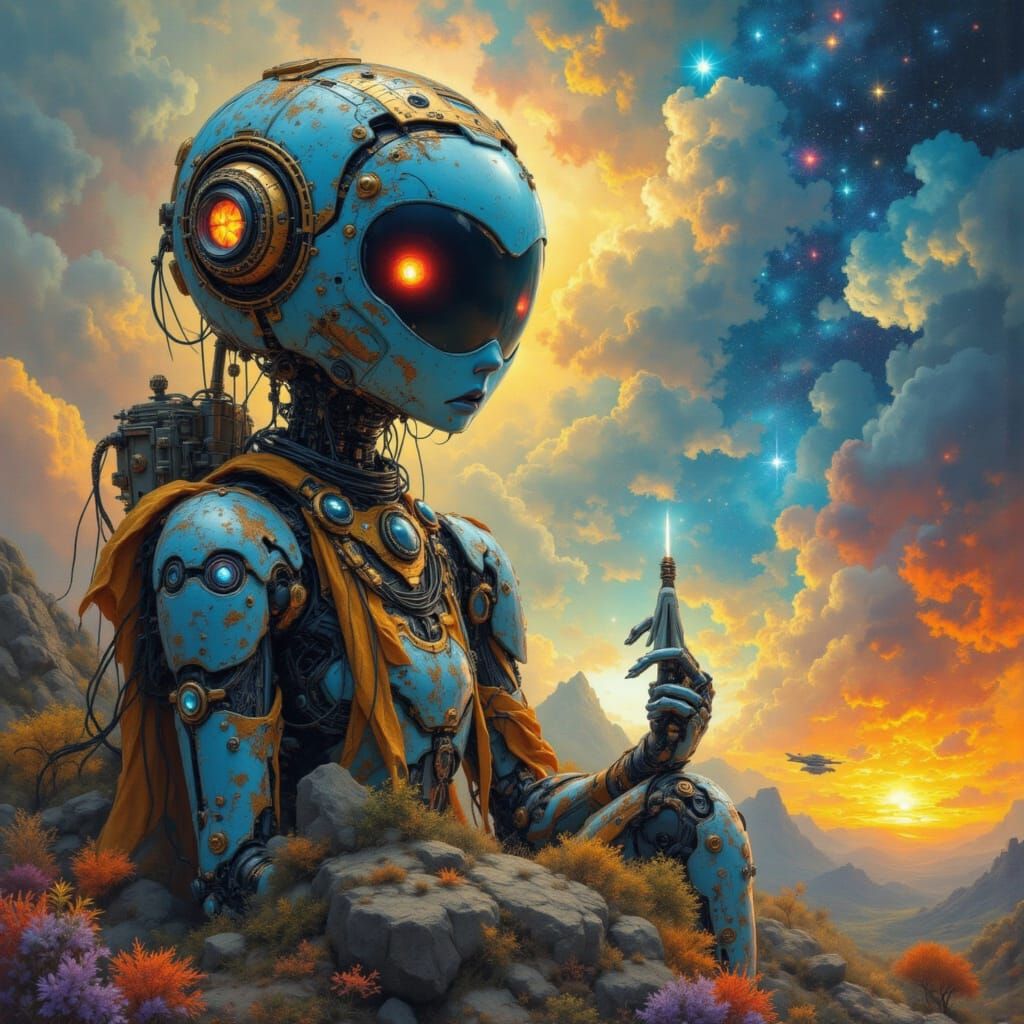 Robot's Existential Journey in Neo-Impressionist Style