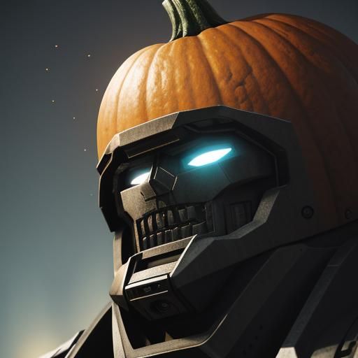 Pumpkin-Headed Robot Smashing Through a Wall