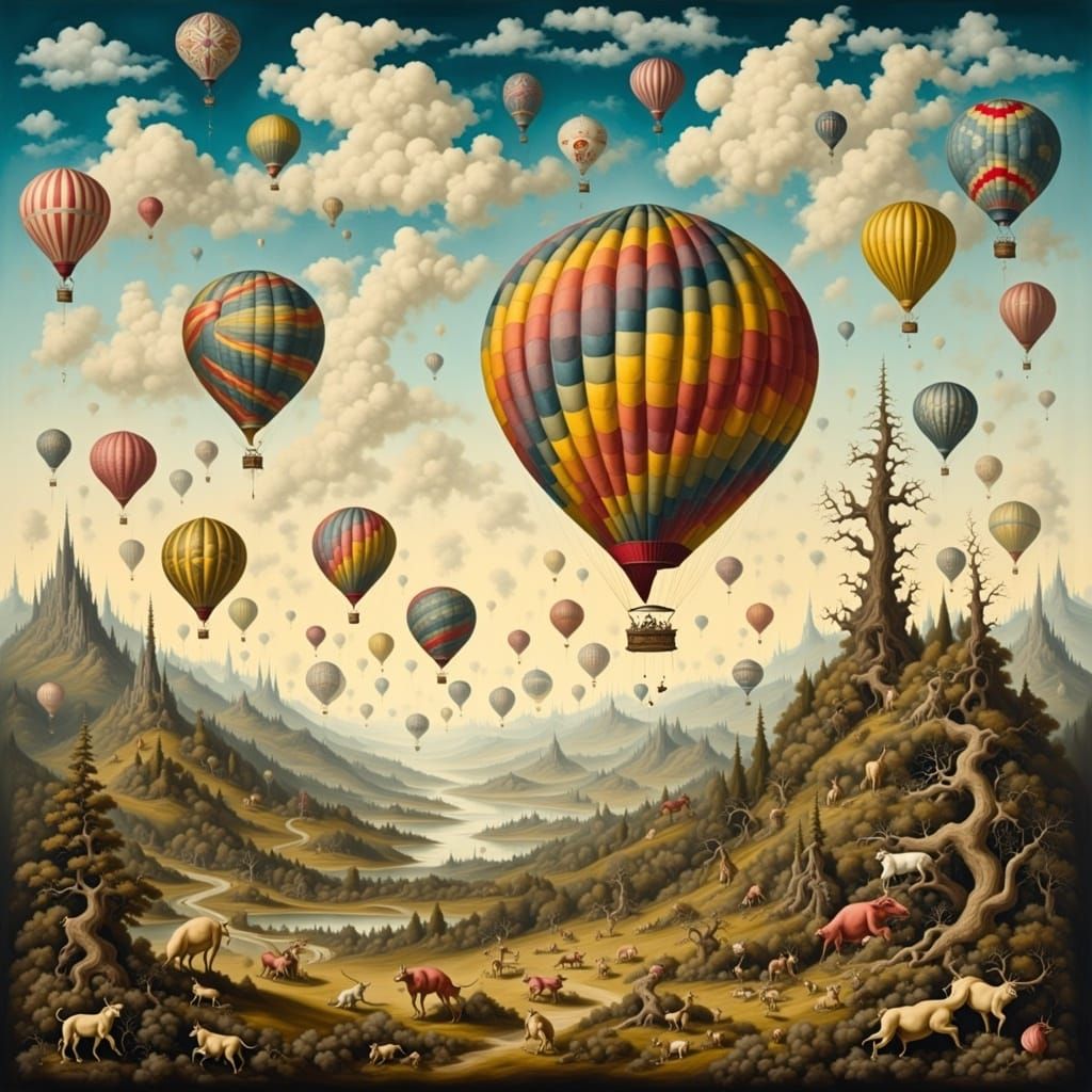 Hot Air Balloons in Surreal Ink Wash Style