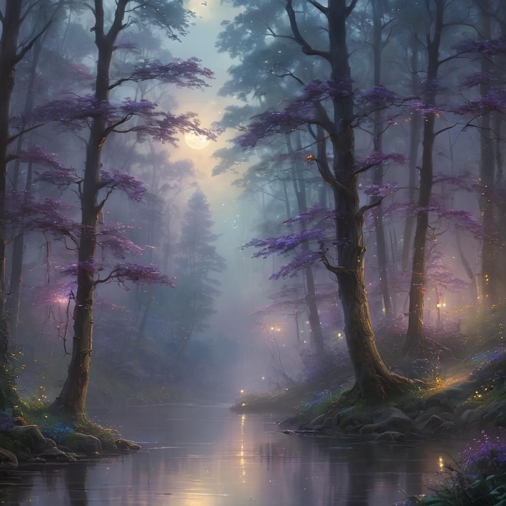 Misty Forest Moonlit Fantasy in Kinkade Style