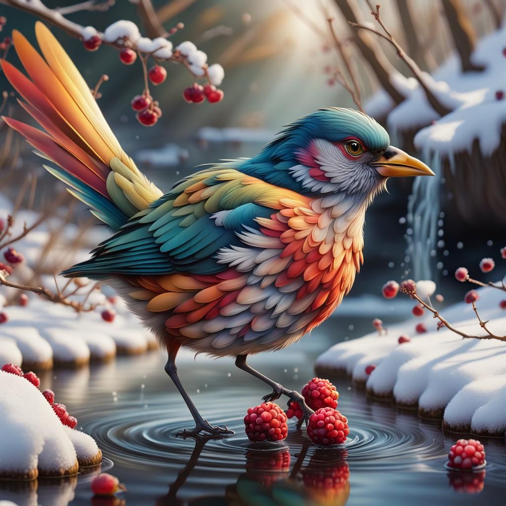 Vibrant Bird in Winter River Scene: 3D Render