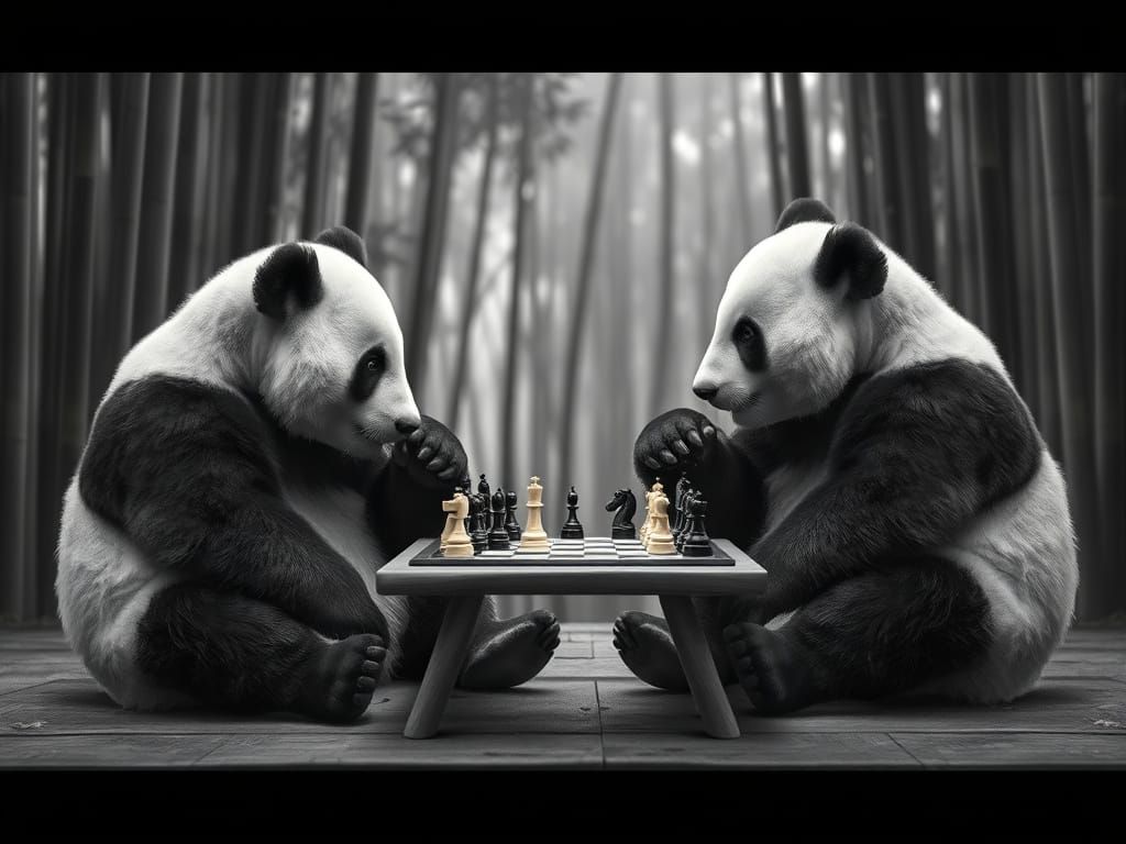 Pandas Engage in Strategic Chess Match in Bamboo Forest