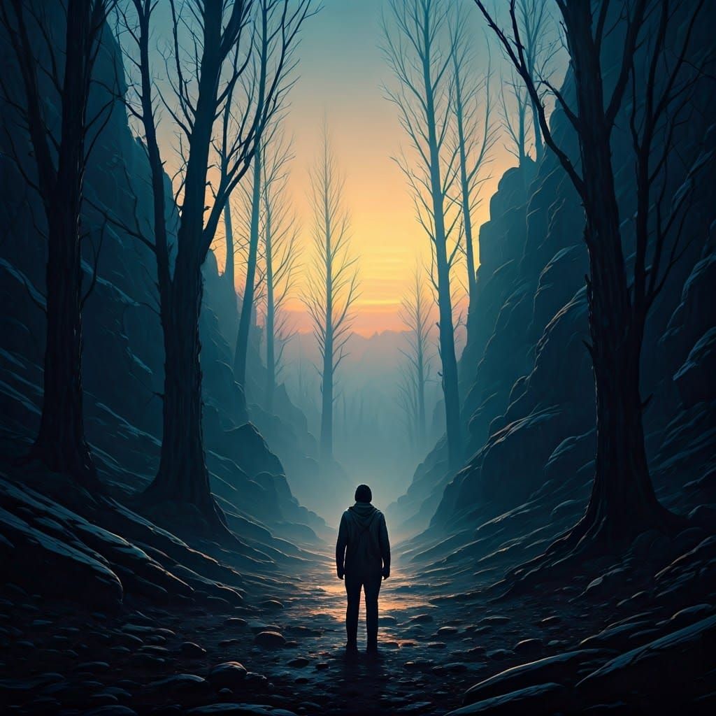 Mysterious Figure in Mist-Shrouded Valley at Dawn