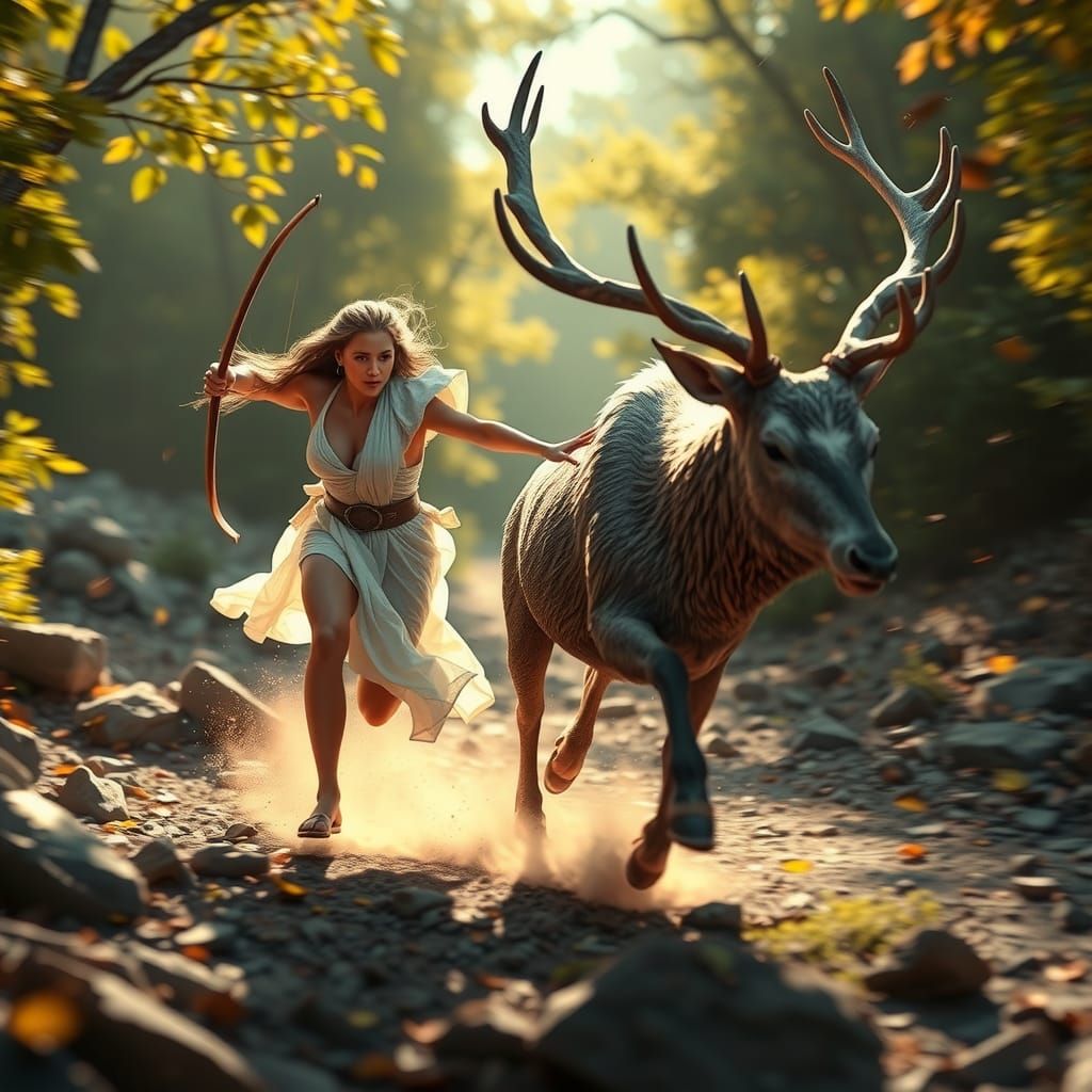 Artemis, Goddess of the Hunt, Chasing a Stag