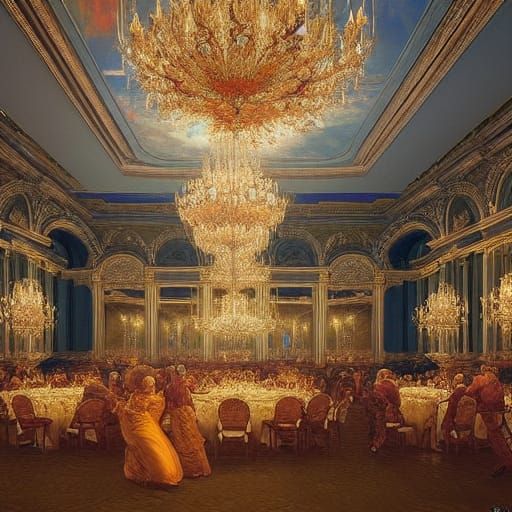 Renaissance Ballroom with Mayan Architecture in Painting Sty...