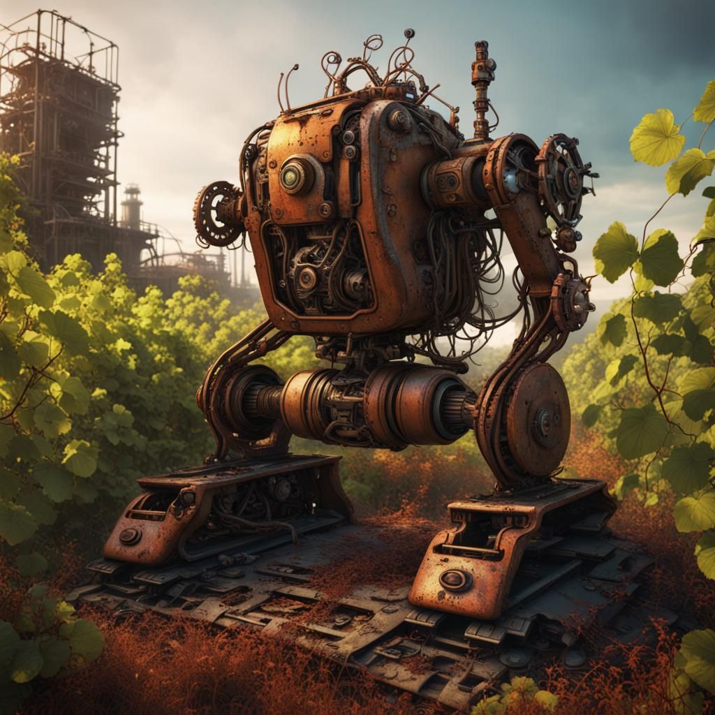 Rusty Robot in Overgrown Field: Matte Painting