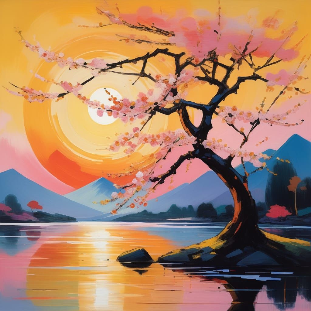 Surreal Cherry Blossom Lake Sunset in Abstract Style