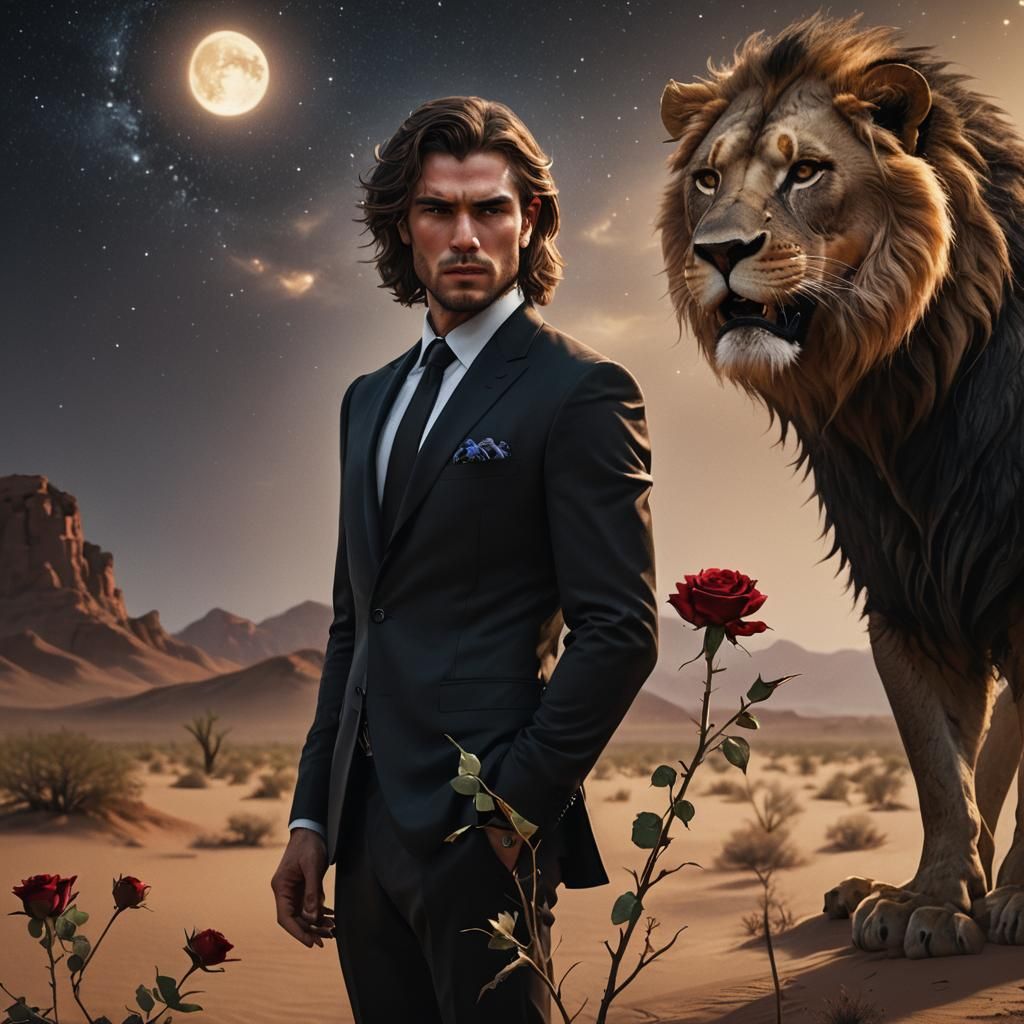 Man with Lion in Desert, Digital Painting