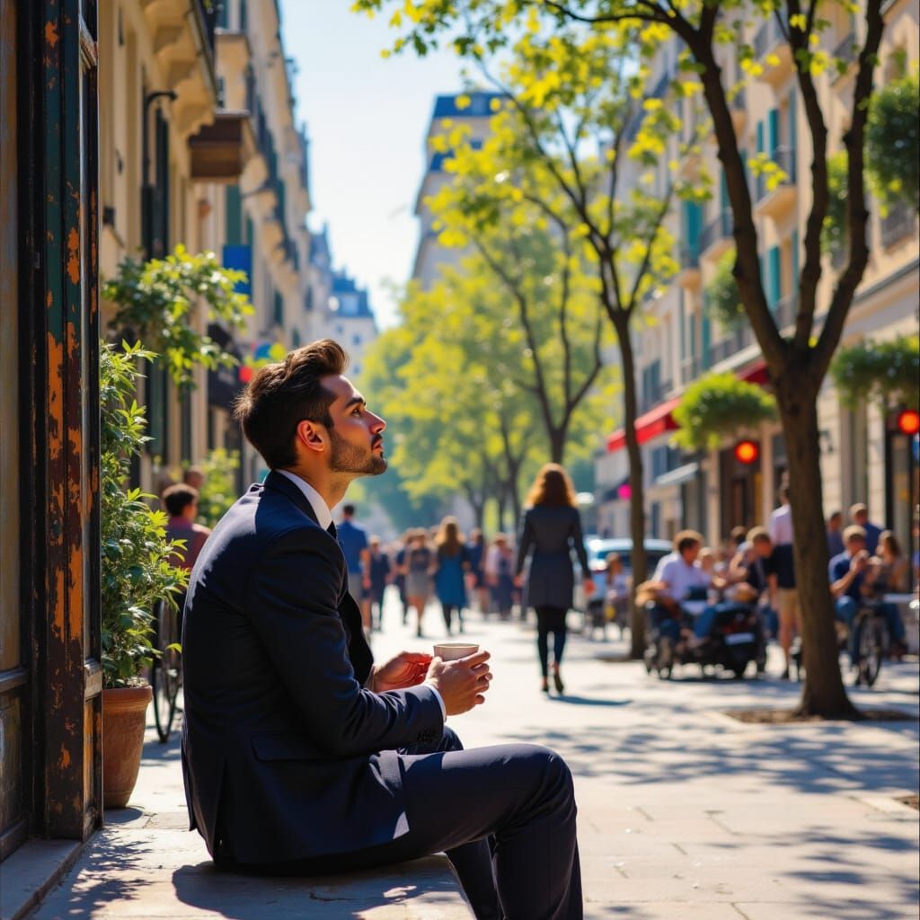 Man Enjoying Coffee in Bustling Parisian Sidewalk