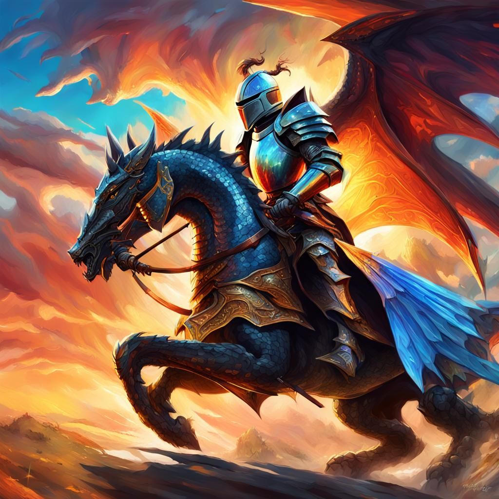 Knight on Dragon in Epic Battle, Digital Art