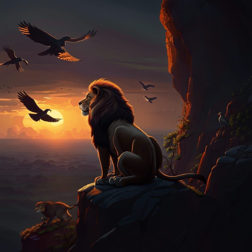 Lions Watching Sunrise: Dark Fantasy Concept Art