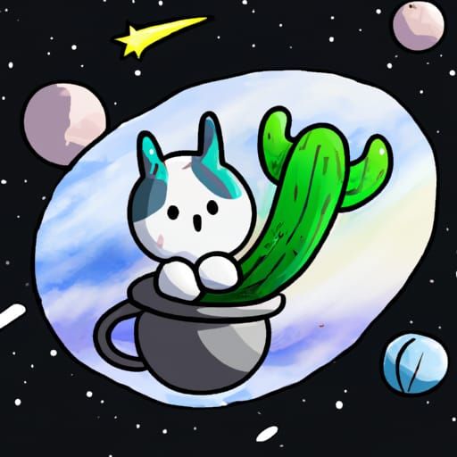 Cute Cat Among Cactus in Outer Space