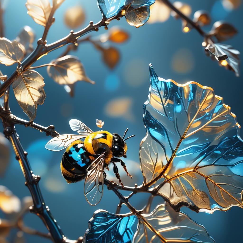 Crystal Bumblebee on Glass Leaf in Sunset
