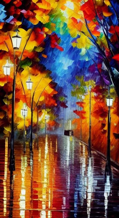 Rainy Autumn Night in Park: Neo-Impressionist Oil Painting