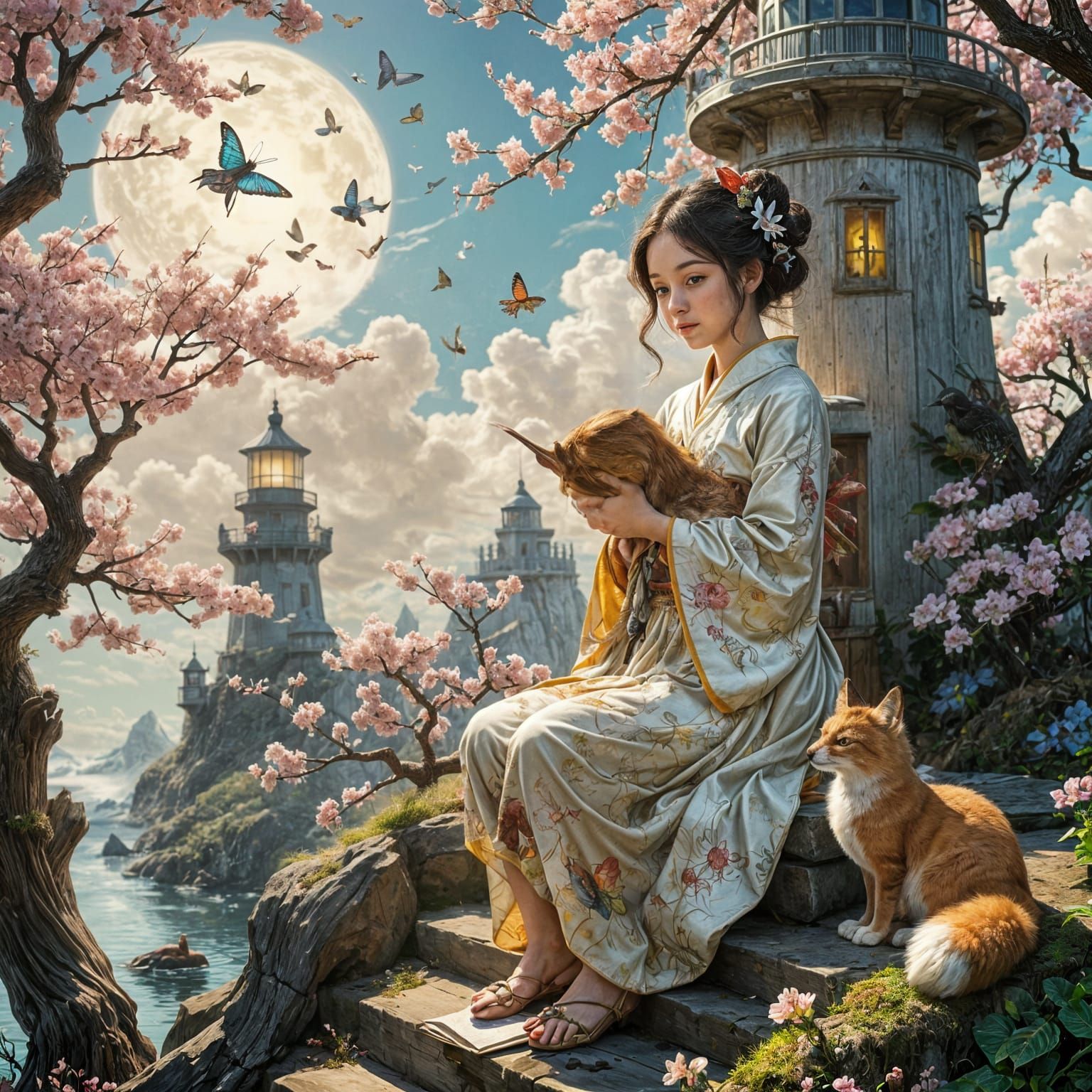 Whimsical Surreal Landscape with Fantastical Creatures and D...