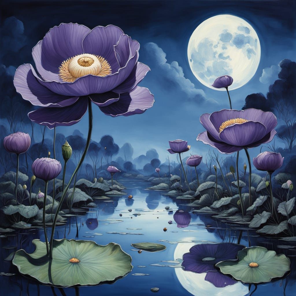 Ethereal Moonlight Over Purple Lotus Pond