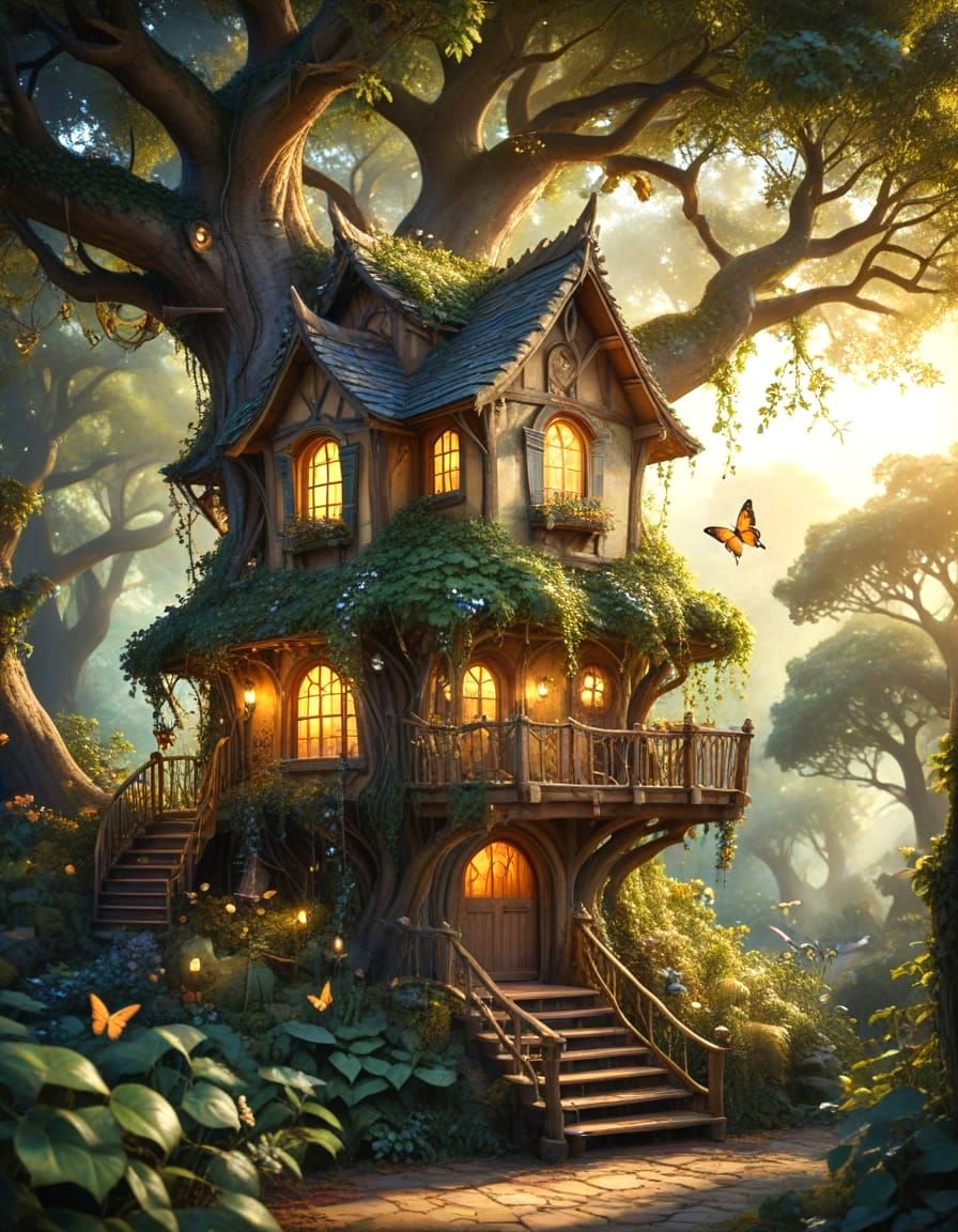 Cozy Treehouse in Ancient Oak, Morning Sunlight