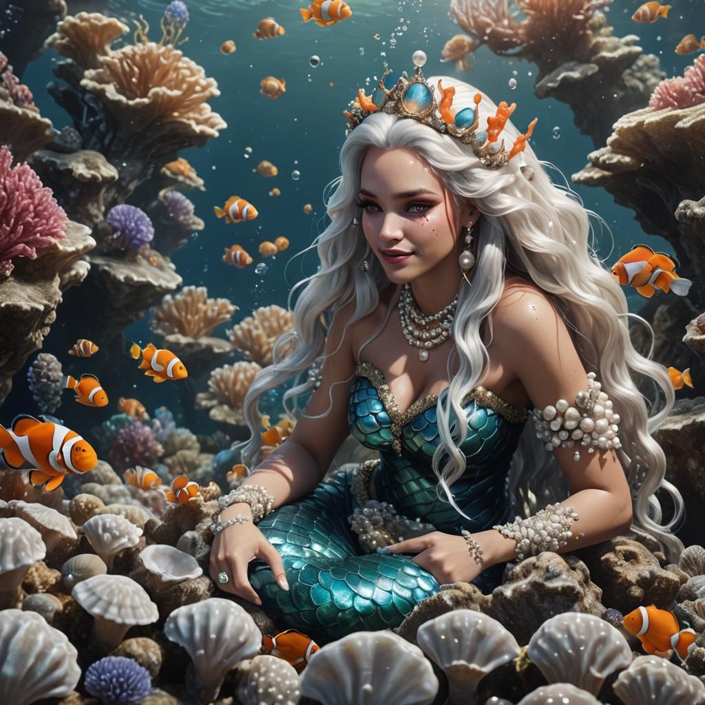 Platinum Mermaid in Pearl Oyster, Fantasy Art