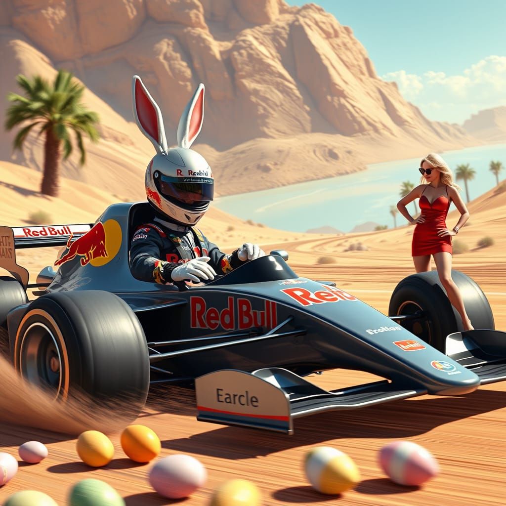 Easter Bunny Speeds Down Desert F1 Track in Style