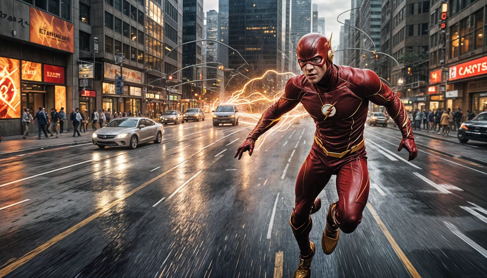 The Flash Running Through a Vibrant Cityscape