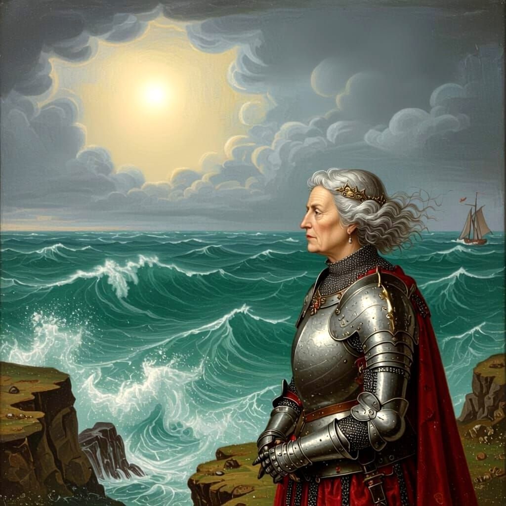 Medieval Queen in Armor Overlooking Stormy Sea