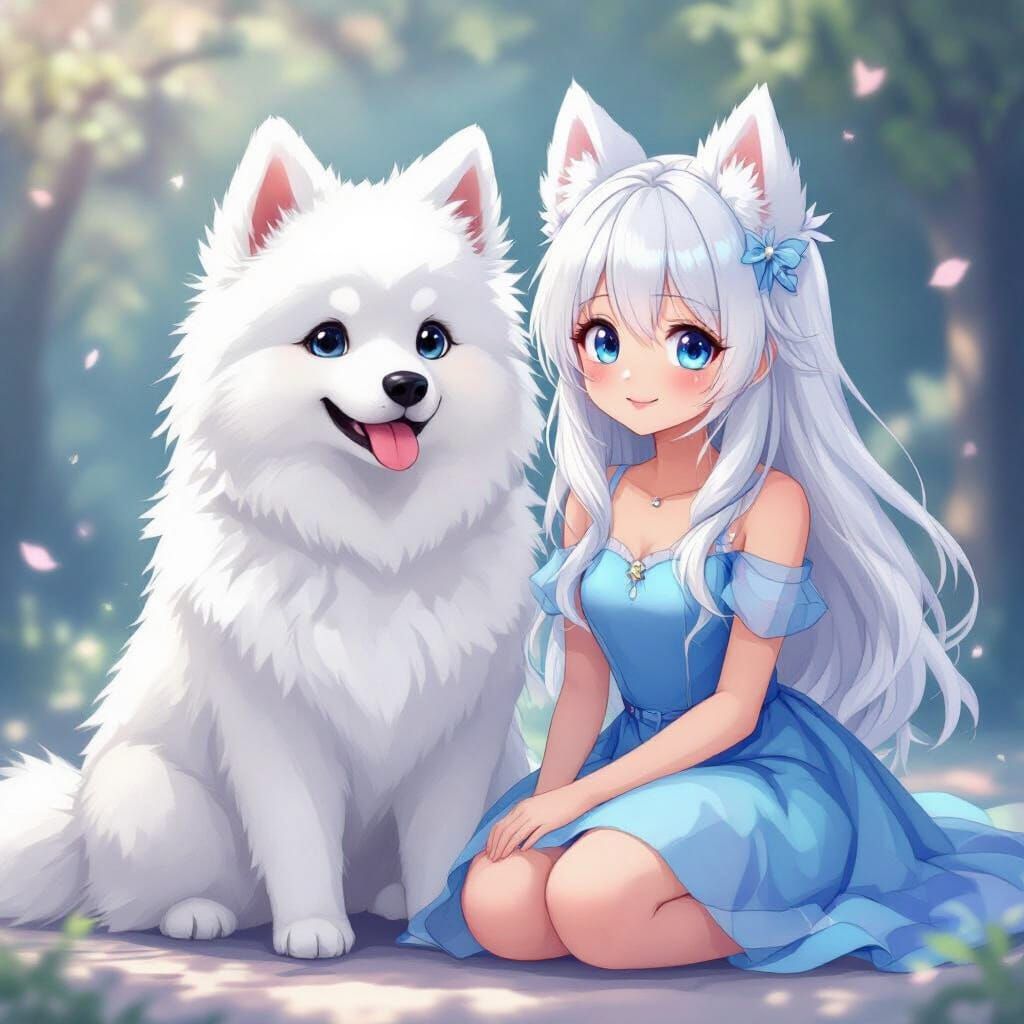 Anime Girl and Samoyed Dog in Magical Style
