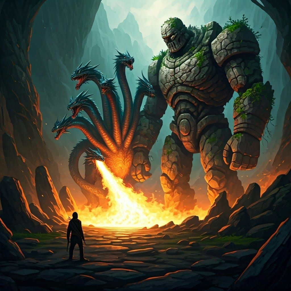 Twelve-Headed Dragon Flames Stone Golem