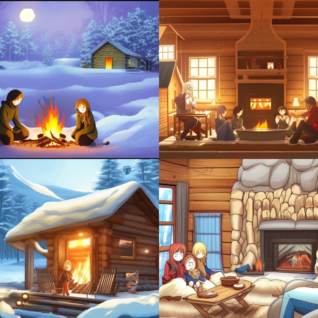 Happy Family in Cabin: Anime-Style Digital Art